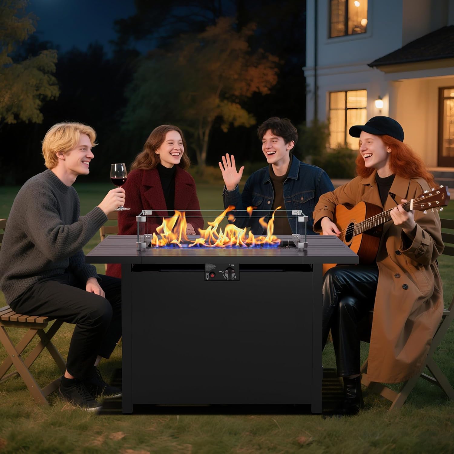 43” Outdoor Propane Fire Table Set with Heavy-Duty Glass Stones, Glass Wind Guard, Lid & Water-Resistant Cover, 50,000 BTU Metal Fire Pit Table, Rectangle Fire Pit Table for Deck, Patio