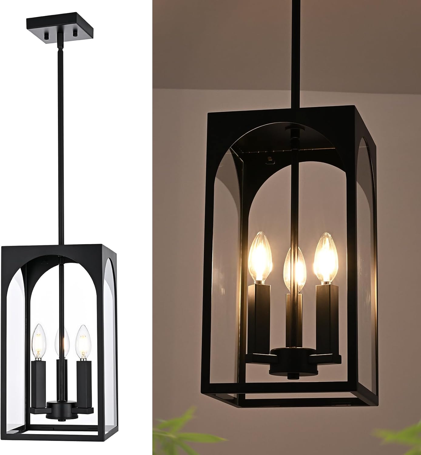 VINLUZ 3 Lights E12 Outdoor Pendant Lighting Fixture in Black Finish Finish, Farmhouse Hanging Lantern Chandelier with Clear Glass Shade for Porch Entryway Hallway