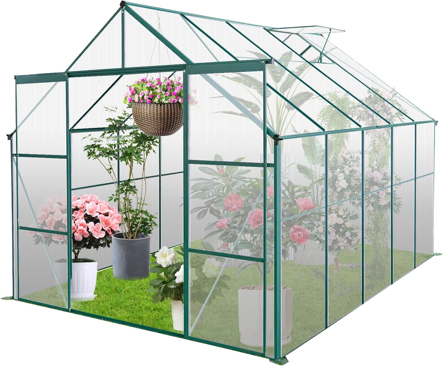 8x10 FT Greenhouse for Outdoors, Polycarbonate Green House with Double Doors and Roof Vent, Aluminum Frame Heavy Duty Walk-in Greenhouse for Outside Garden Backyard, Green