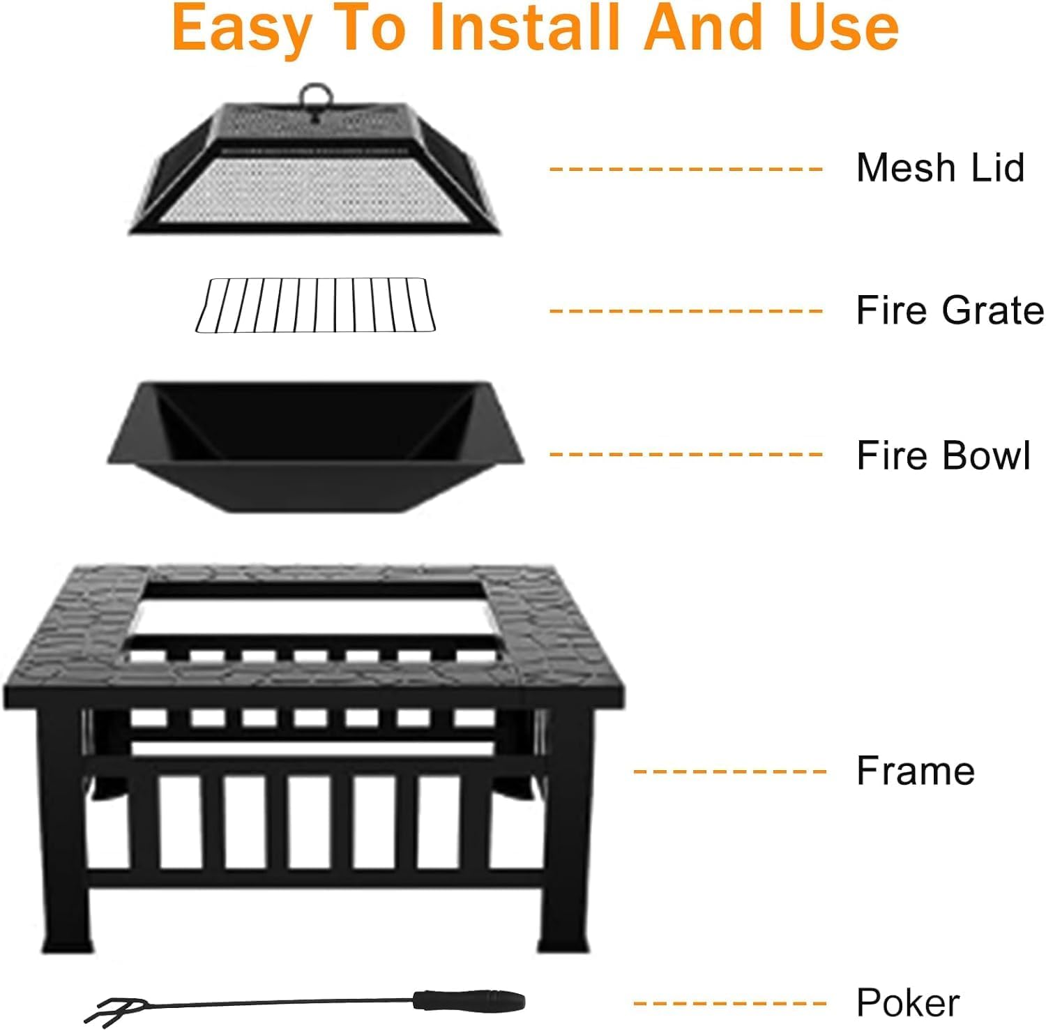 Bigacc Outdoor Fire Pit Wood 32in Square Metal BBQ Firepit Stove for Backyard Patio Garden Screen Bonfire Fire Pit with Outside Fireplaces Camping and Poker, Black