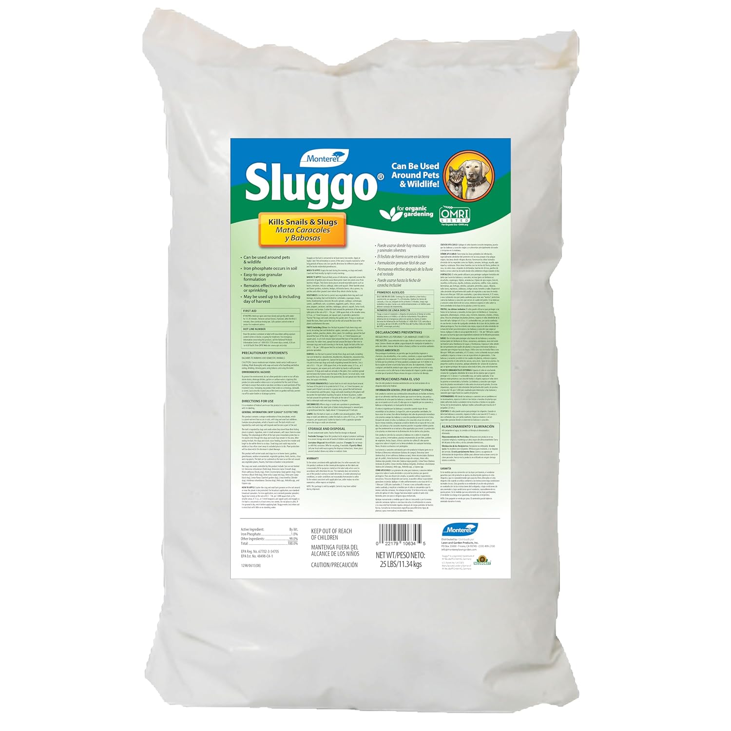 Monterey Sluggo Snail & Slug Remover – 25 lb Granular Bait for Organic Gardening – Pet & Wildlife Friendly – Long-Lasting Iron Phosphate Formula