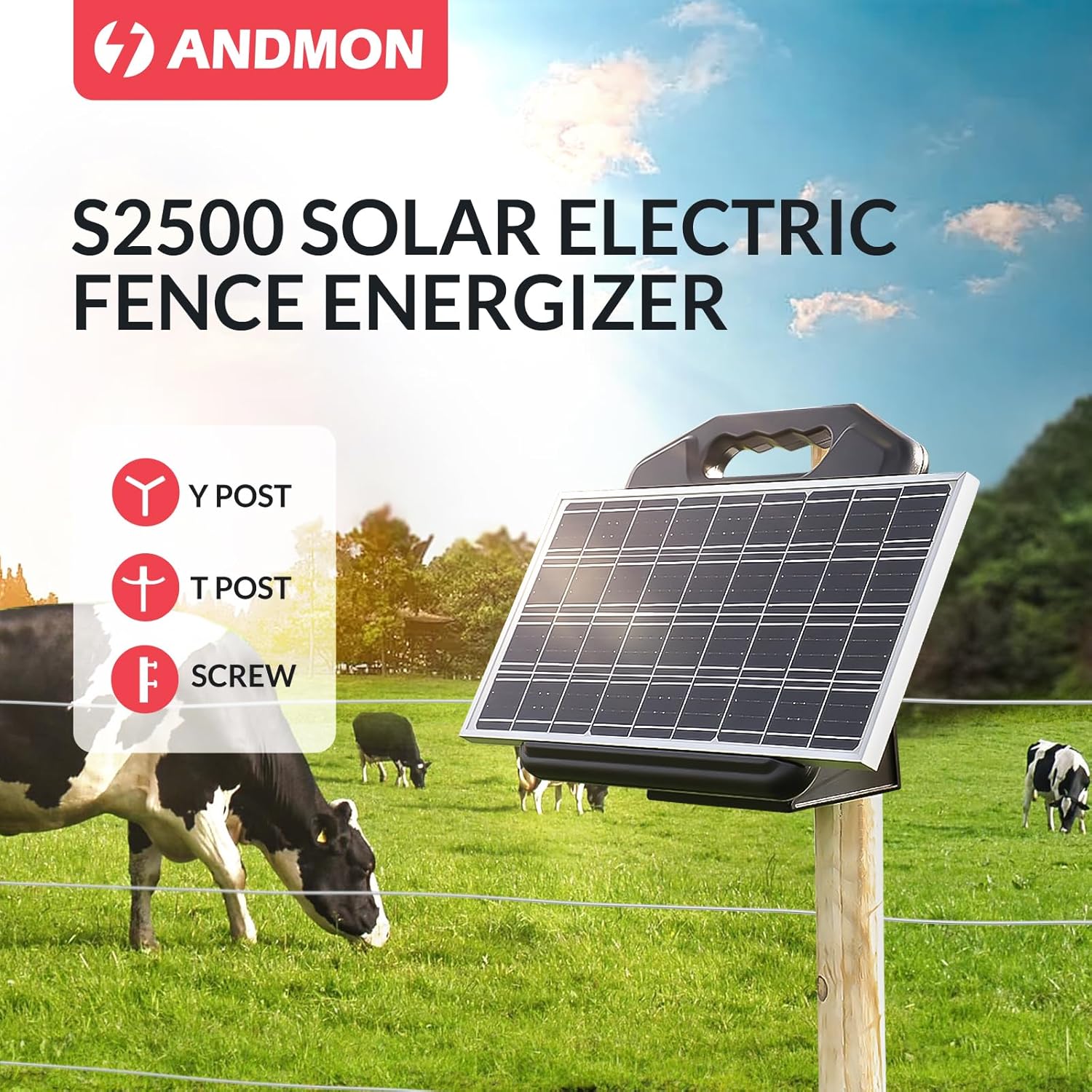 S2500 2.2 Joule Solar Fence Charger, 60 Miles Solar Electric Fence Charger for Livestock, Horses, Cattle Sheep, Portable and Super Tough