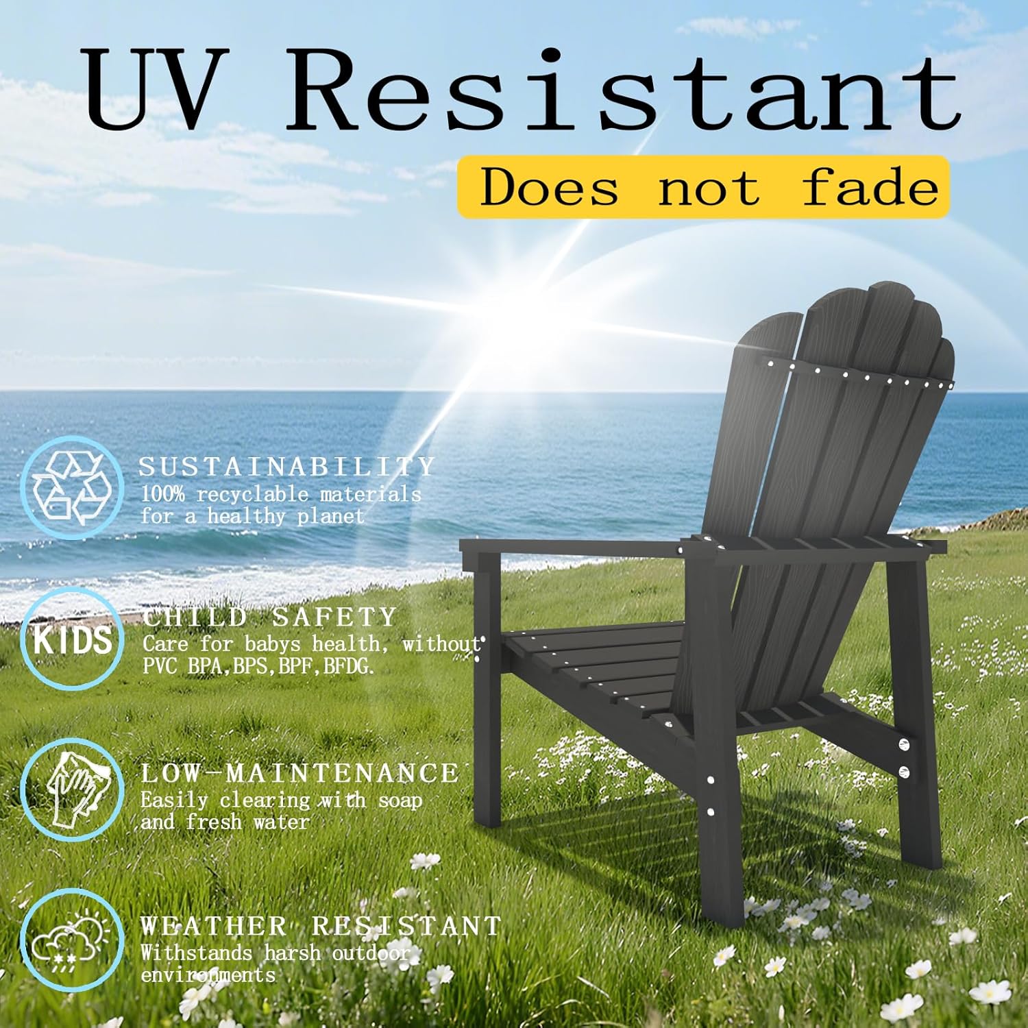 Stackable Adirondack Chair Set of 4, HDPE All-Weather Adirondack Chairs - Durable and Space Saving, Plastic Outdoor Fire Pit Chairs with Cup Holder,Grey