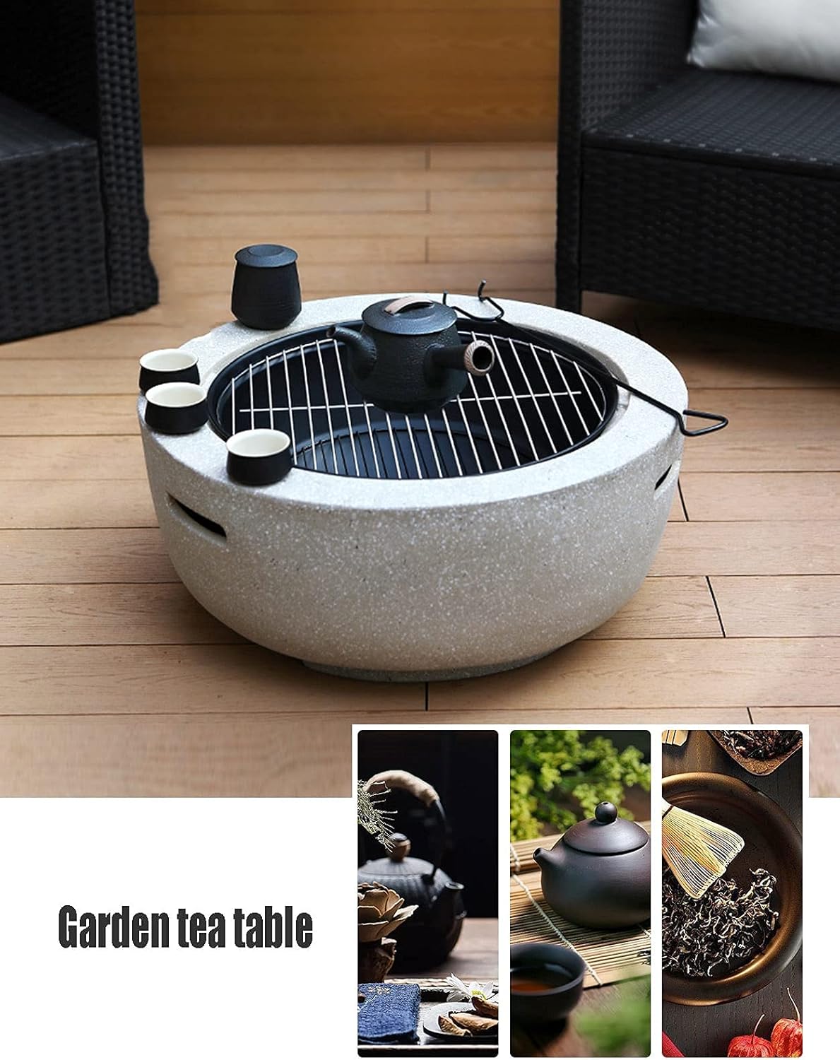 Outdoor Fire Pit Garden Wood Burning Fire Pit BBQ Grill Table, Outdoor Wood Burning Fire Bowl with Spark Screen Cover and Poker, 60cm