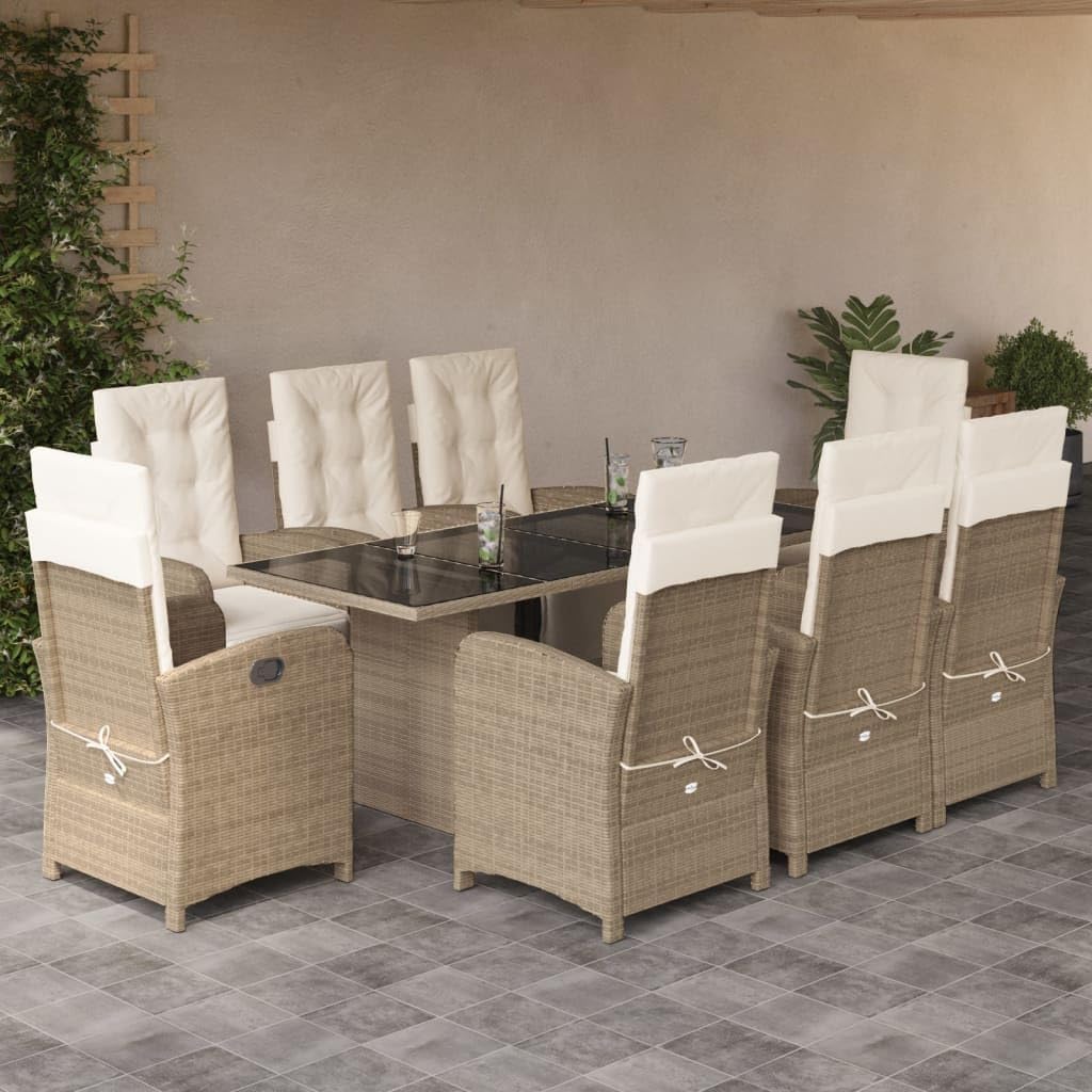 Furniture Sets 9 Piece Patio Dining Set with Cushions Beige Poly Rattan,Comfortable Patio Dining Set with Adjustable Reclining Chairs and Glass Top Table Garden Conversation Sets
