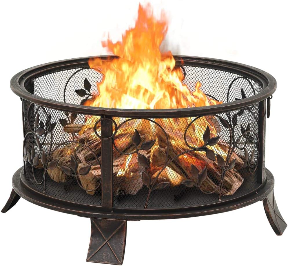 Steel Rustic Fire Pit with Metal Poker and Mesh Cover, Absorbing and Radiating Heat Outdoor Fire Pit Round Fireplace for Garden Patio 26.6
