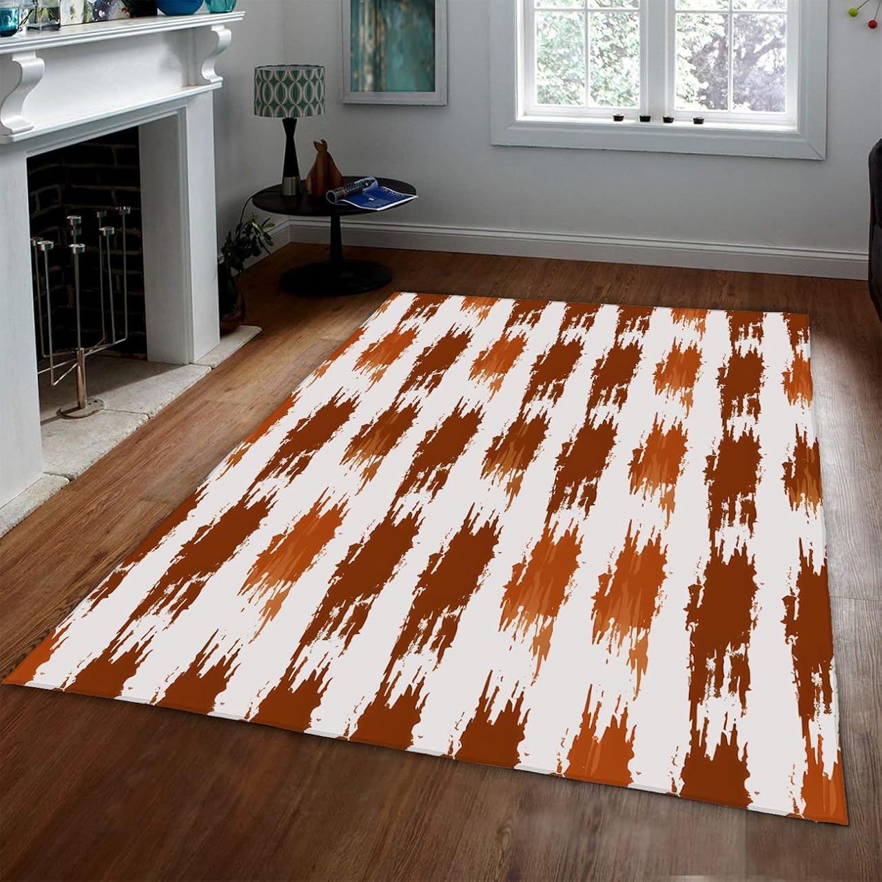 Mid-Century Modern Rug 6x9ft Thin Washable Bathroom Rugs Illusory Tie-Dye Art Stain Resistant Anti Slip Backing Area Rugs for Living Room Brown Abstract Striped Texture Carpet Home Decor Area Rug