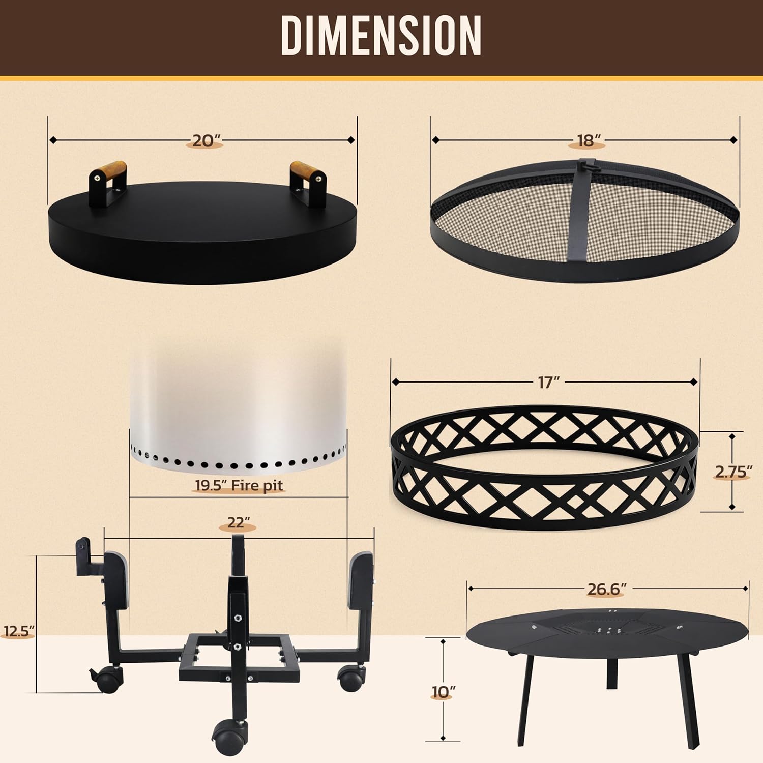 FEBTECH Spark Screen, Heat Deflector, Firepit Lid, Trolley Stand and Base Ring Combo - Compatible with Solostove Bonfire and Other 19.5