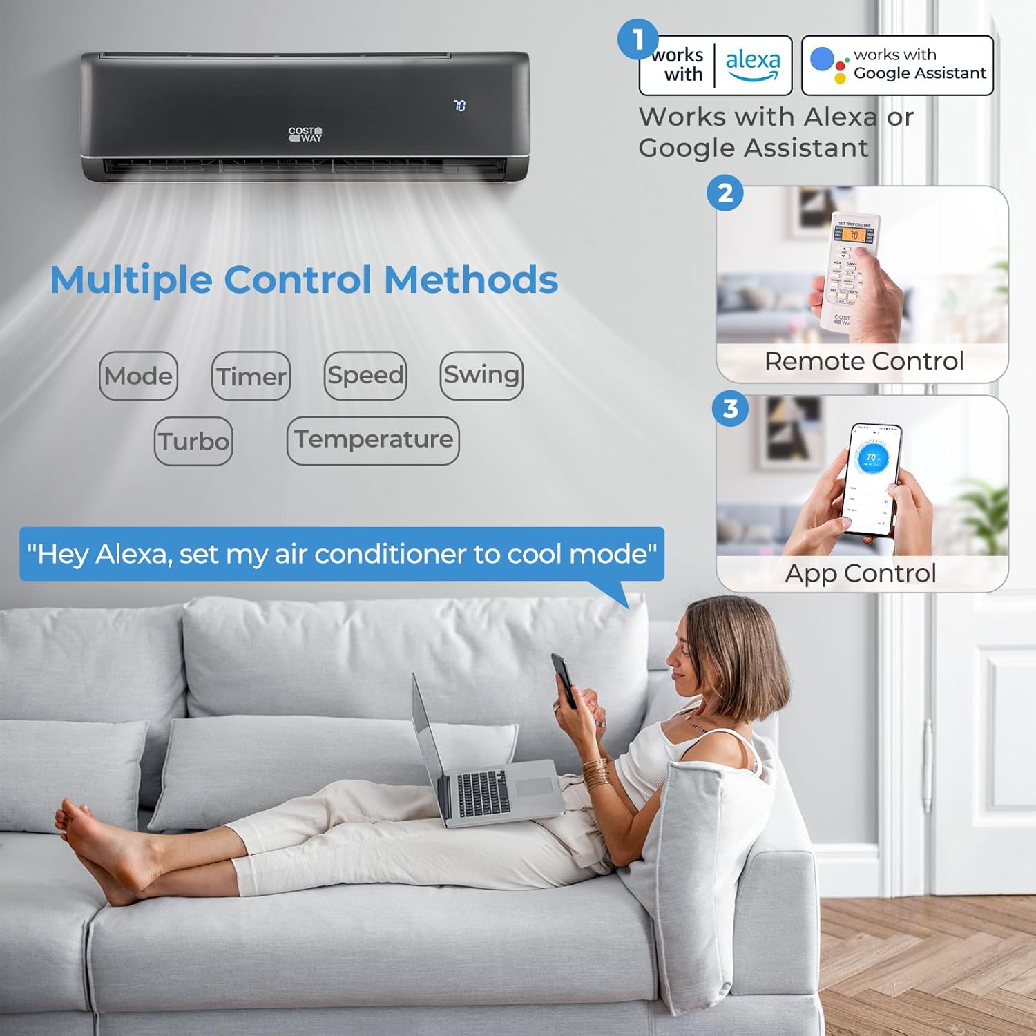 COSTWAY 24000 BTU Wifi Enabled Mini Split Air Conditioner & Heater, 21 SEER2 208-230V Inverter AC Unit Cools Rooms up to 1500 Sq. Ft, Energy Efficient Split AC w/Heat Pump