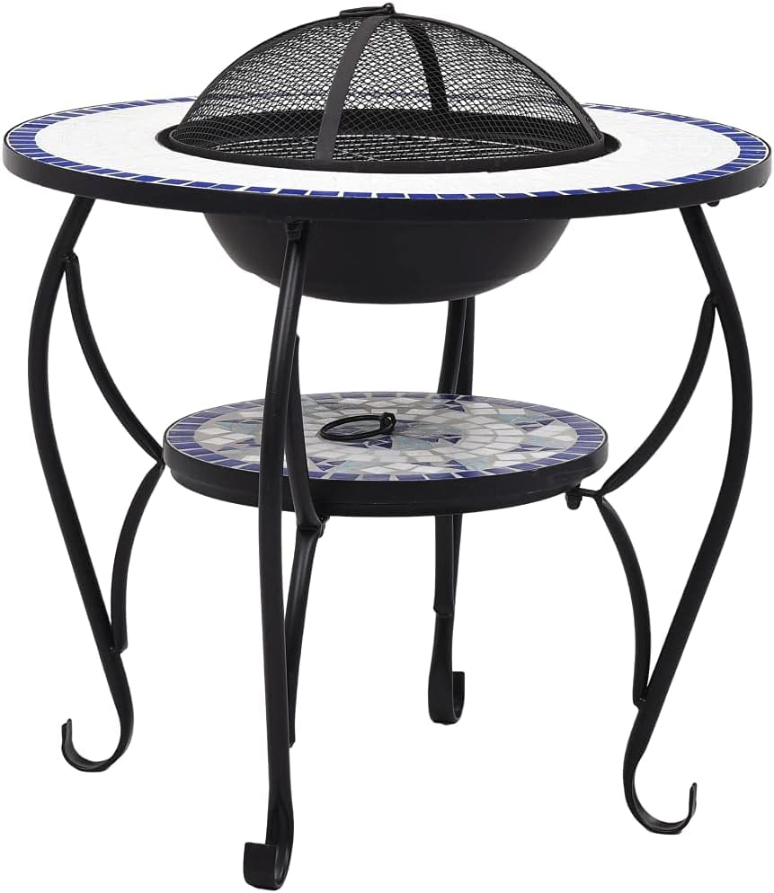 Mosaic Fire Pit Table, Outdoor Fire Pit & Ice Bucket & Side Table, Round Tile Tabletop for Patio, Backyard, Patio, Garden, Blue and White 26.8