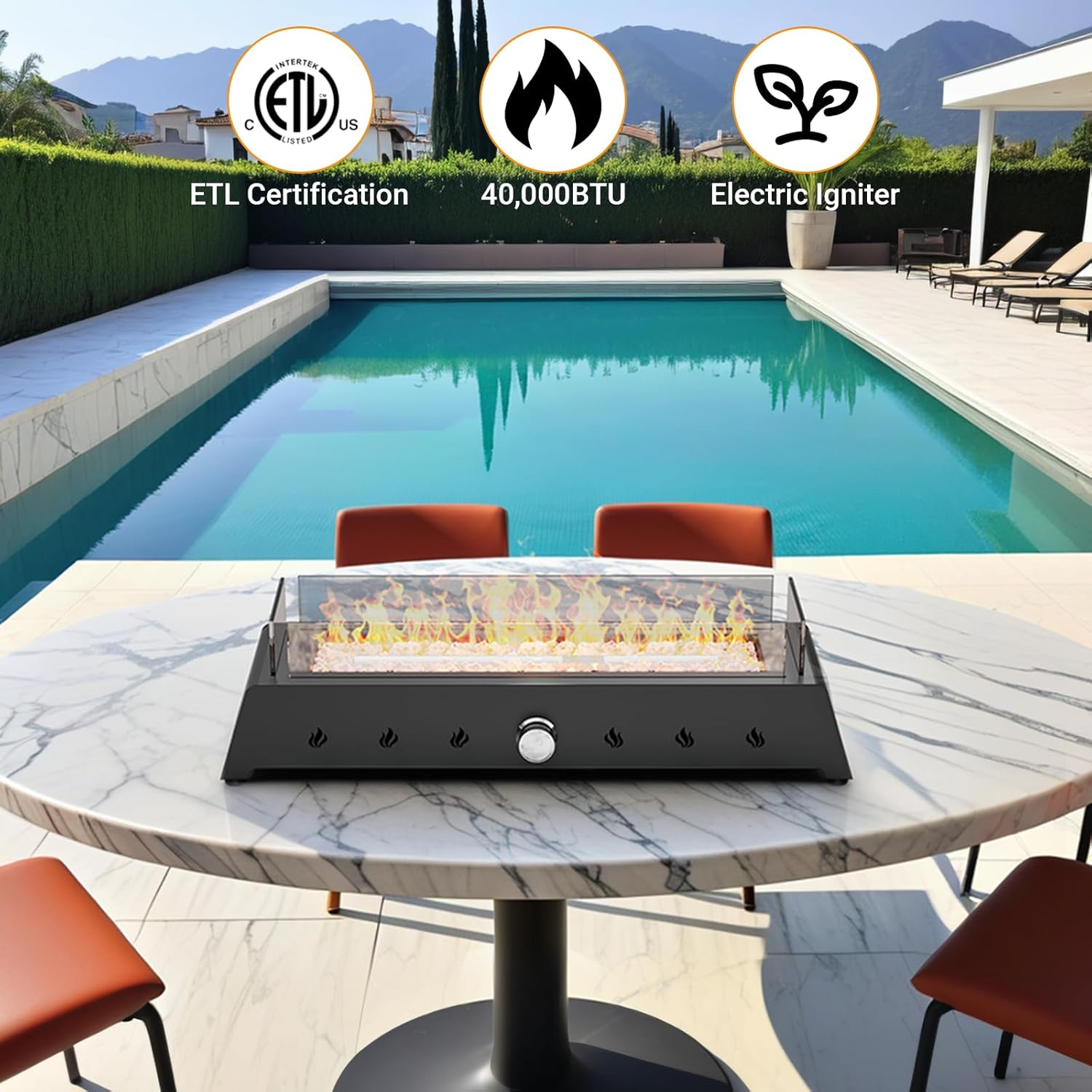 28'' Tabletop Fire Pit Table, 40,000 BTU Propane Fire Pit with Bottom Air Intake and Umbrella Hole, Outdoor Portable Fireplace Rectangular Fire Bowl w/Wind Glass Shield, Laval Rocks - Black