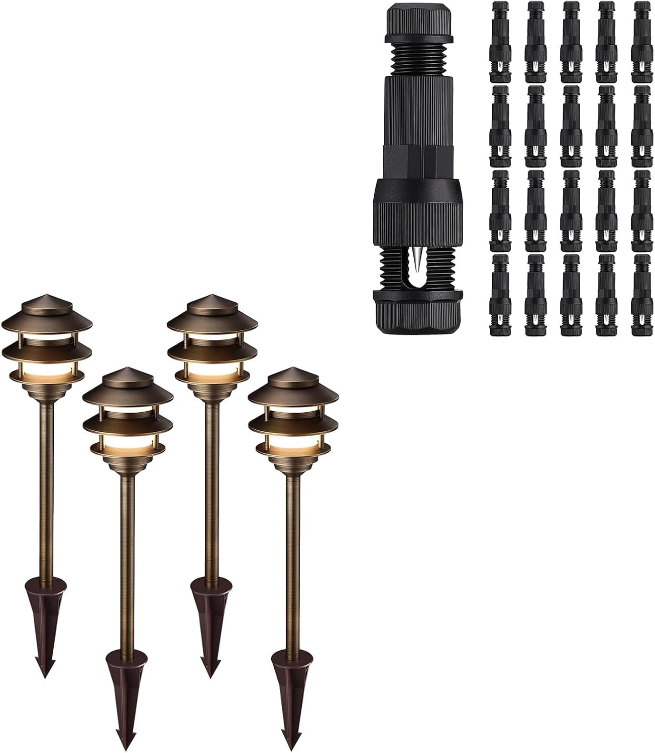 LEONLITE Pathway Lights Bundle Wire Connectors, 4-Pack 3-Tier 12V Cast Brass Pagoda Path Light, Work with G4 Bulb, (Bulbs Not Included), IP65 & 20-Pack Fastlock Wire Connectors for Landscape Lighting