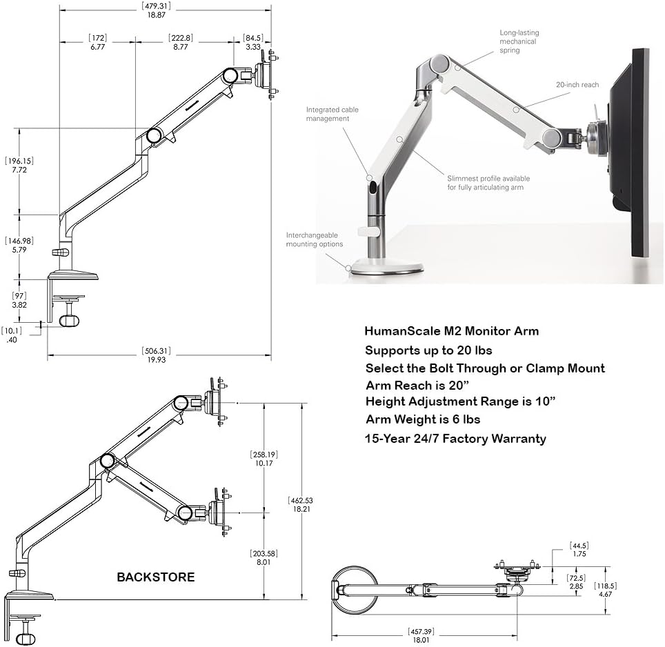Humanscale M2 M2CW1S Adjustable Articulating Computer Monitor Arm - Two Piece Clamp On Mount with Base - Polished Aluminum with White Trim