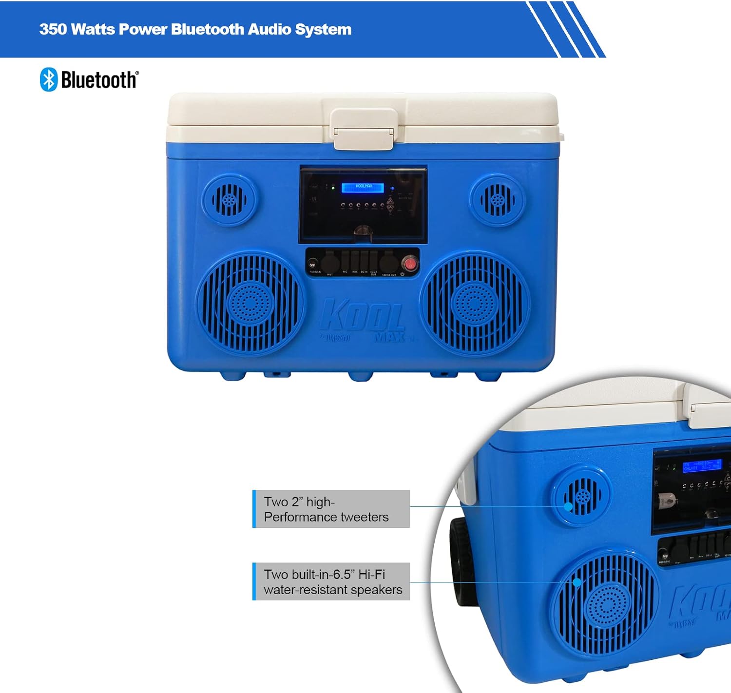 KoolMAX Cooler with Bluetooth Speaker System, 350W Boombox, 40 Qt Cooler, Rechargeable, USB 12V Car Cigarette Lighter Power Station, Guitar Amplifier, Radio, PA Machine, Karaoke, Blue