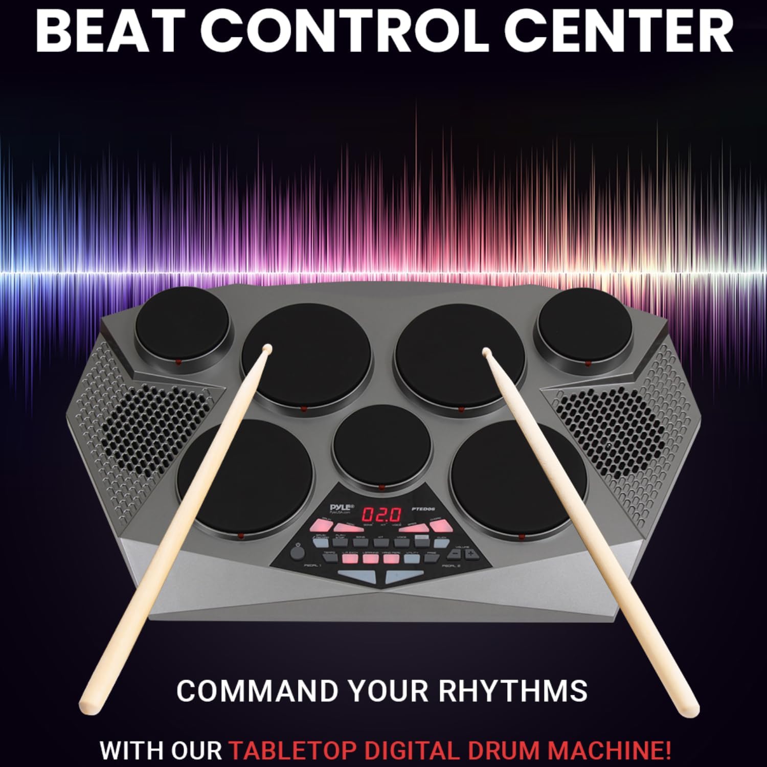 Pyle Pro Electronic Drum kit - Portable Electric Tabletop Drum Set Machine with Digital Panel, 7 Drum Pad, Hi-Hat / Kick Bass Pedal Controller USB AUX -Tom Toms, Hi-Hat, Snare Drums, Cymbals - PTED06