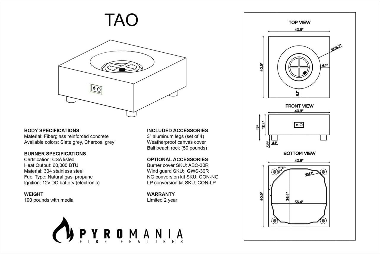 PyroMania Tao Outdoor Concrete Fire Table, 41 x 41 Inches - Propane Model in Charcoal Gray Color