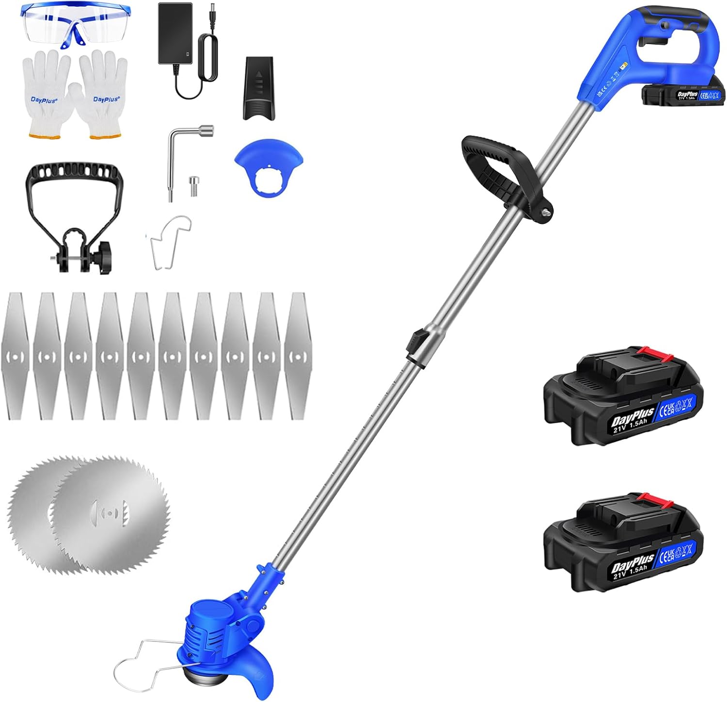 21V Teles Electric Grass Cordless for Cleaning Weeds and Lawns in Gardens with 2 x 1500 mAh Batteries and Charger, 10 x Metal Blades Lightweight Weed Hedge Trimmer Edge Trimmer