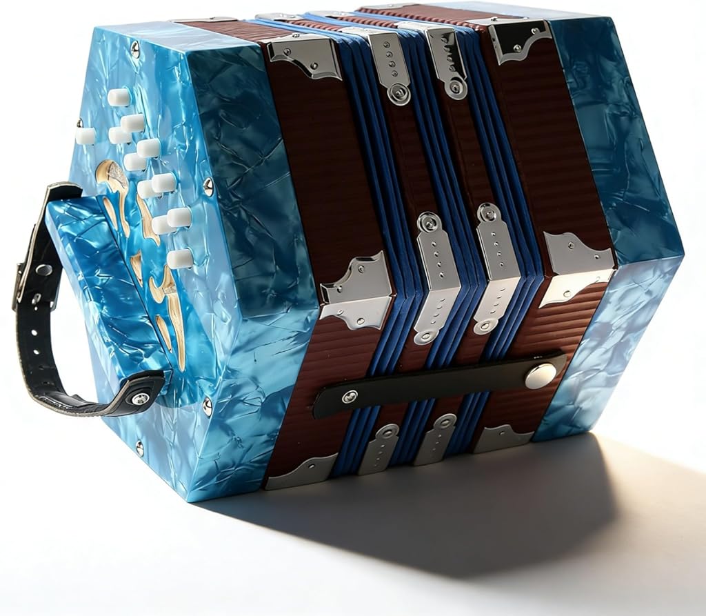 Concertina Accordion Portable Wood Instrument Royal Blue, Adjustable Hand Strap, Beginner Friendly - Professional Craftsmanship, Compact Design, Ideal for Adults and Students (Blue)