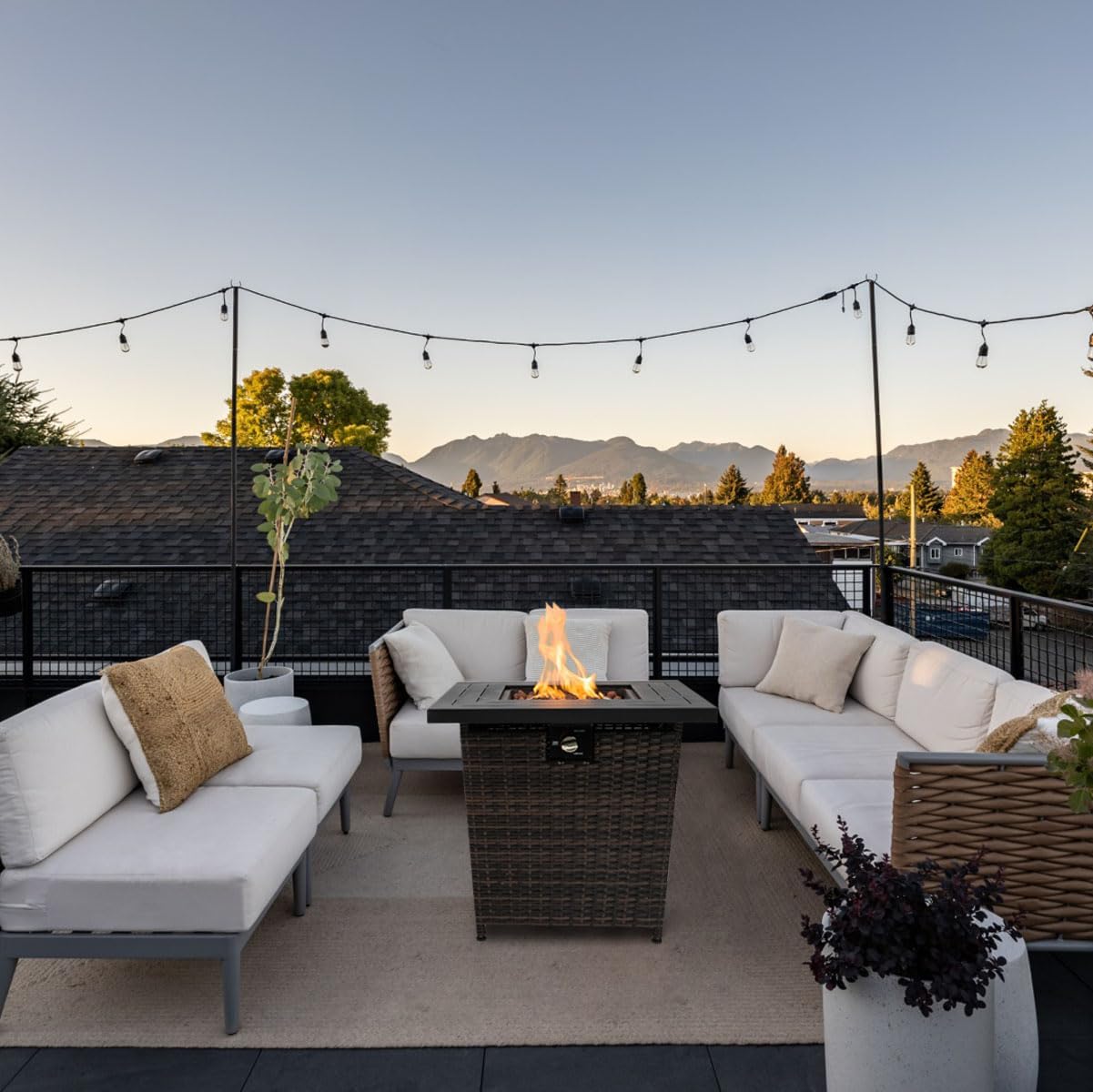 28'' Propane Fire Pit Table, 50,000 BTU Fire Table with Brown Wicker, Laval Rocks, Inclined Leg Design.