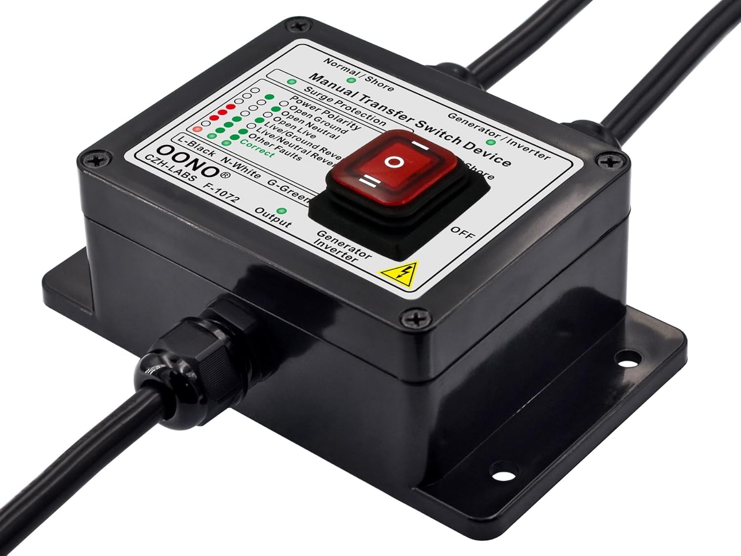 Manual Transfer Switch, AC120V 15Amp, with Surge Protection and Power Polarity Monitoring, for Generator, Inverter, Solar. OONO F-1072