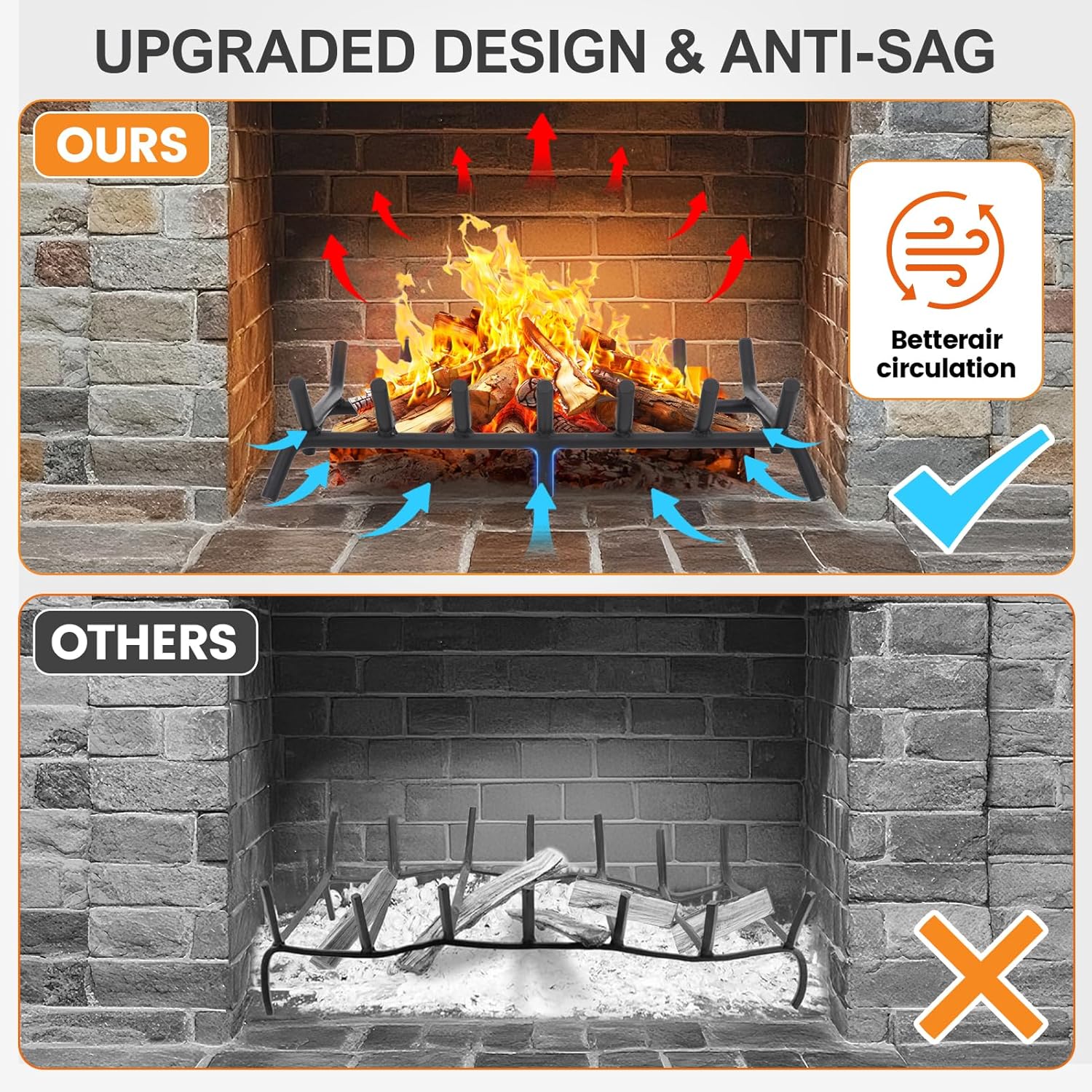 G GOOD GAIN Fireplace Log Grate - 24 inch Firewood Burning Holder Heavy Duty | Fire Log Burning Wrought Iron Rack | Fire Pit Tray for Indoor Chimney Hearth & Outdoor Camping