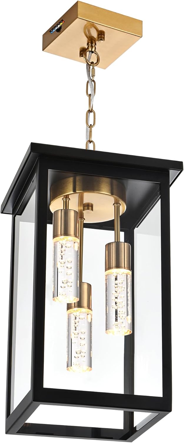 TODOLUZ 5CCT LED Large Outdoor Pendant Light Fixtures, 3-Light LED Integrated Bulbs Included Modern Outdoor Hanging Lighting Ceiling, Clear Glasss Outside Chandelier for Porch Gazebo Entryway