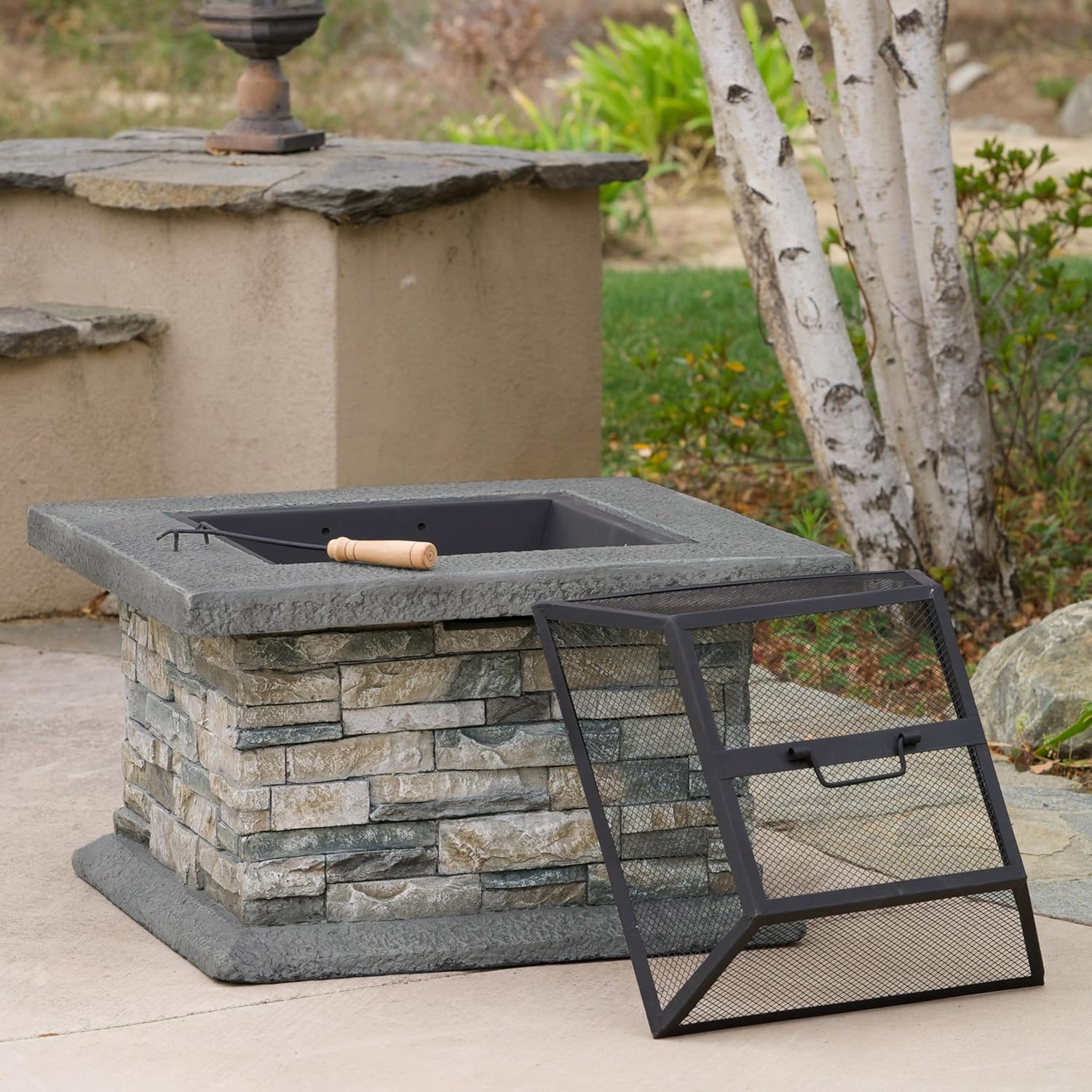 28 Inches Square Fire Pit in Stone Gray – Outdoor Steel Fire Pit with Spark Screen Poker, Durable Portable for Backyard, Patio, Camping (1 Doors)