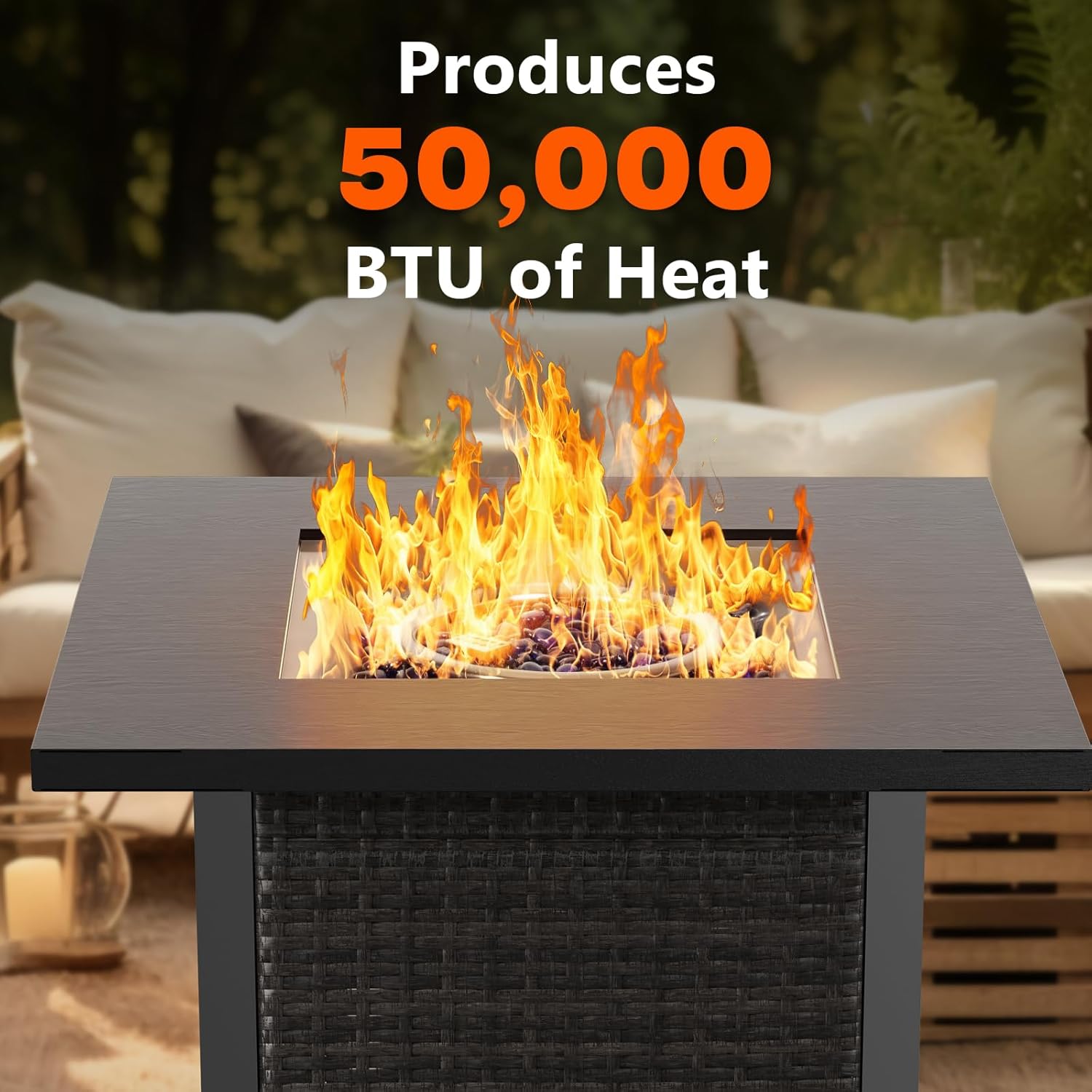 Kndko 28 Inch Propane Fire Pit, 50, 000 BTU Steel Gas Fire Pits with Lava Rock, Rectangle Gas Fire Pits for Outside Patio with Removable Lid, Add Warmth and Ambience to Gatherings and Parties