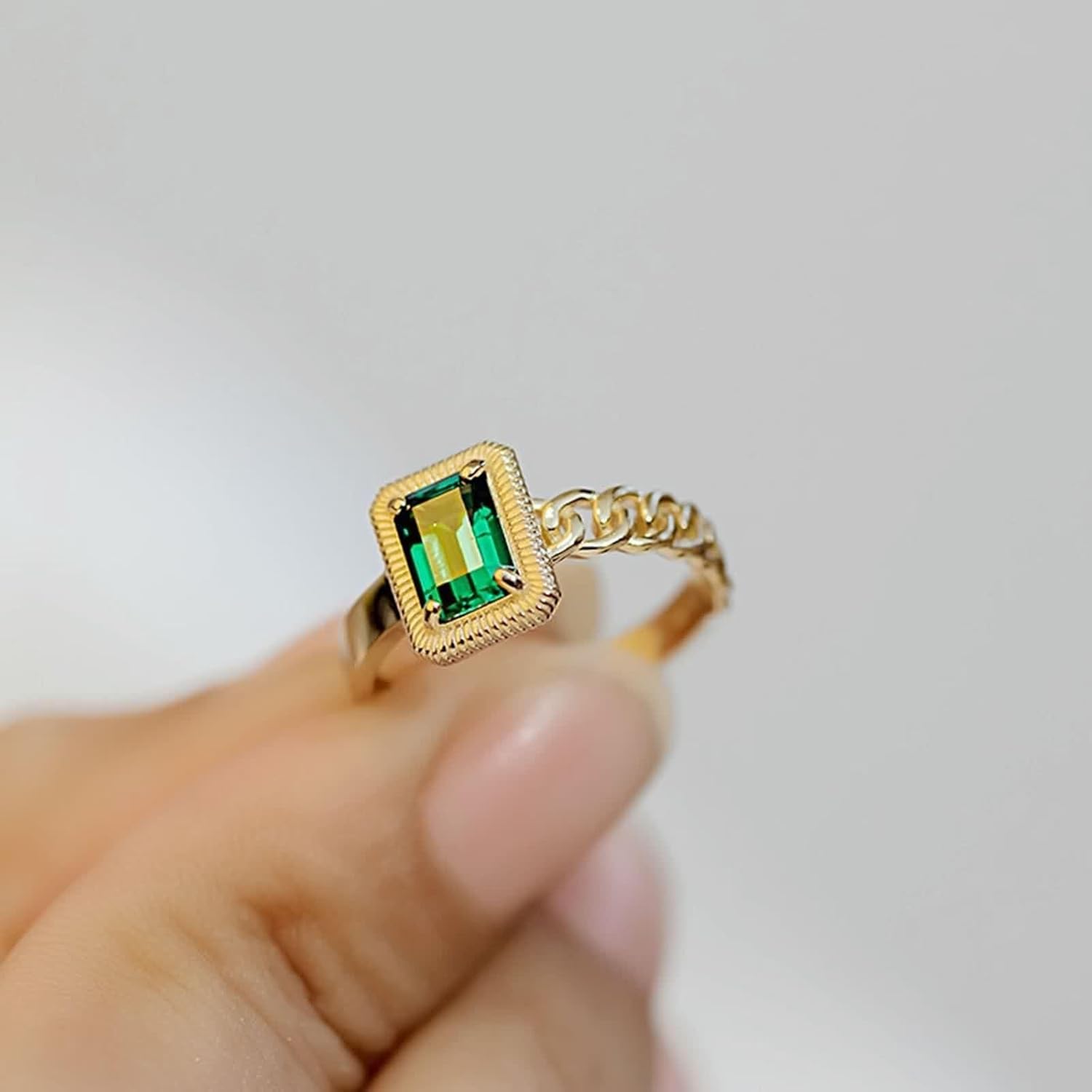 14K Yellow Gold Rings for Women, Simple Rings Tsavorite Rectangle Gold Band Birthday Gift for Her
