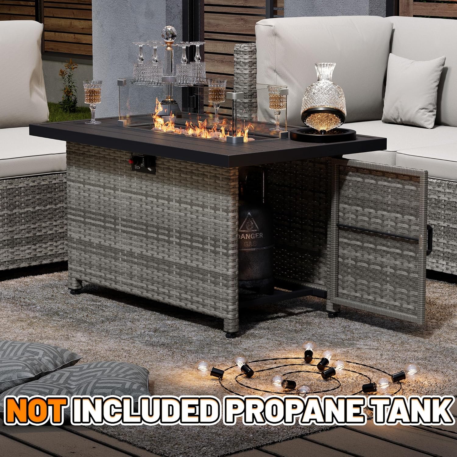 LHBcraft 44 Inch Propane Fire Pit, 50000 BTU Fire Pit Table with Glass Wind Guard and Lid, Gas Fire Pits for Outside Patio and Garden(Grey)