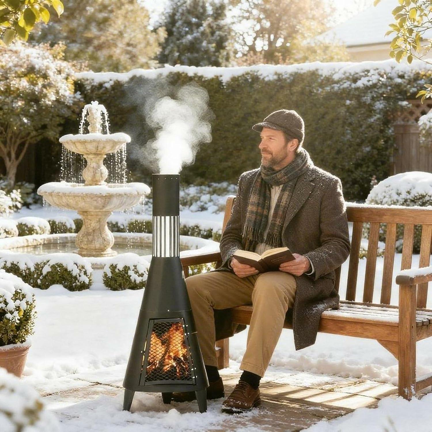 Chiminea Outdoor Fireplace, Portable Fireplace Chimenea with Mat and Poker. Wood Burning Fire Pit for Patio Garden Camping Heating and Ambiance