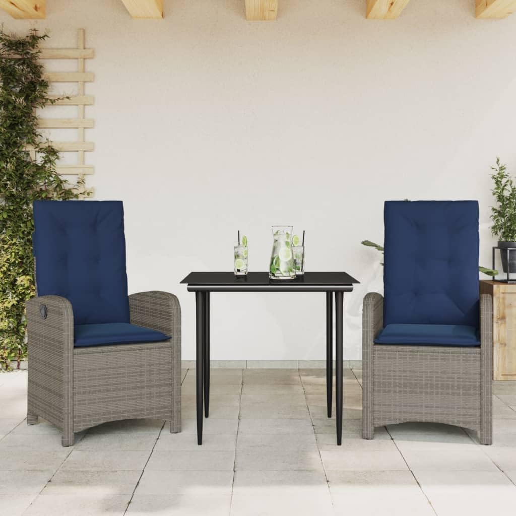 3 Piece Patio Dining Set with Cushions Gray Poly Rattan,Adjustable Backrest Patio Dining Set for Outdoor Comfort Furniture Sets for Patio, Lawn & Garden