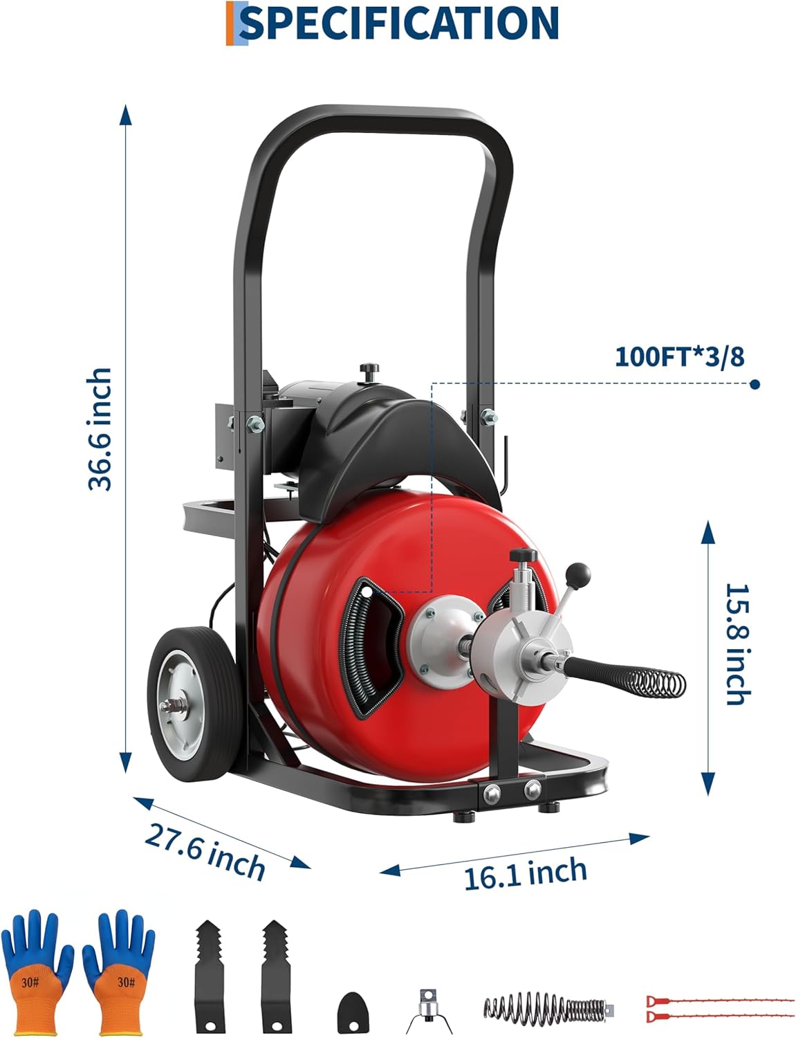 ACEKOOL 100FT x 3/8 Inch Electric Drain Cleaner Machine, 370W Heavy-Duty with Steel Core Cable, Sewer Auger, Cutter & Air-Activated Foot Switch, Portable on Wheels for Commercial & Home Use