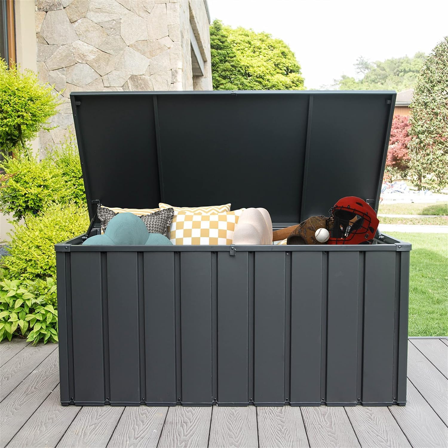 120 Gallon Outdoor Storage Deck Box, Waterproof and Lockable Patio Storage Bench, Large Dark Gray Organizer for Cushions, Pillows, Garden Tools, and Pool Supplies