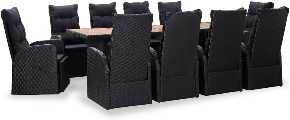 11 Piece Patio Dining Set Poly Rattan Acacia Wood Black,Stylish Rattan Garden Furniture Set for Al Fresco Dining and Relaxation Furniture Sets for Patio, Lawn & Garden