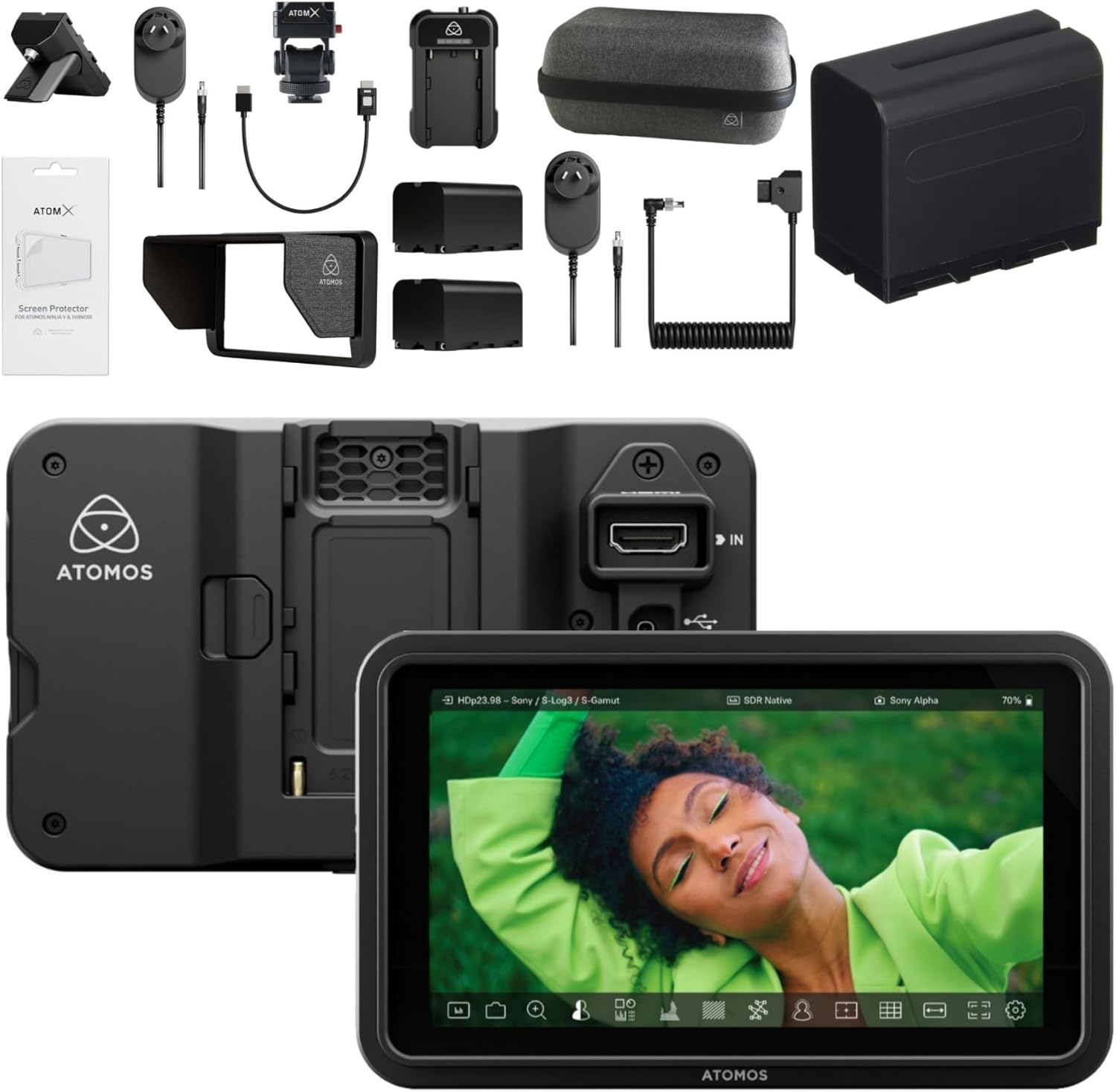 Atomos Shinobi II 5-Inch HDMI 4K Monitor Bundle with Complete Accessories and Battery (4 Items)