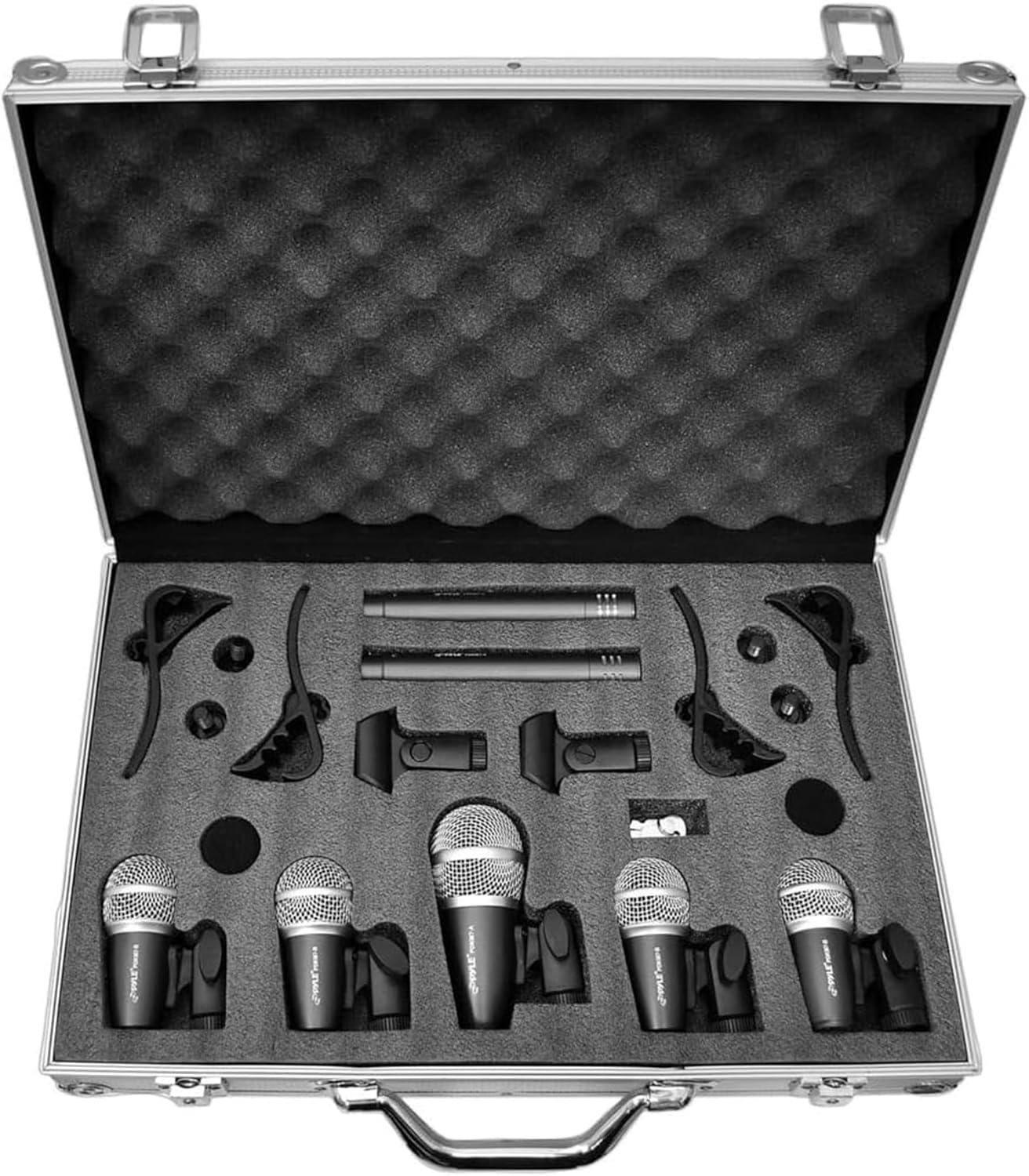 Pyle 7-Piece Wired Dynamic Kit-Kick Bass, Tom/Snare & Cymbals Microphone Set-for Drums, Vocal, & Other Instrument-Complete with Thread Clip, Inserts, Mics Holder & Case, Black