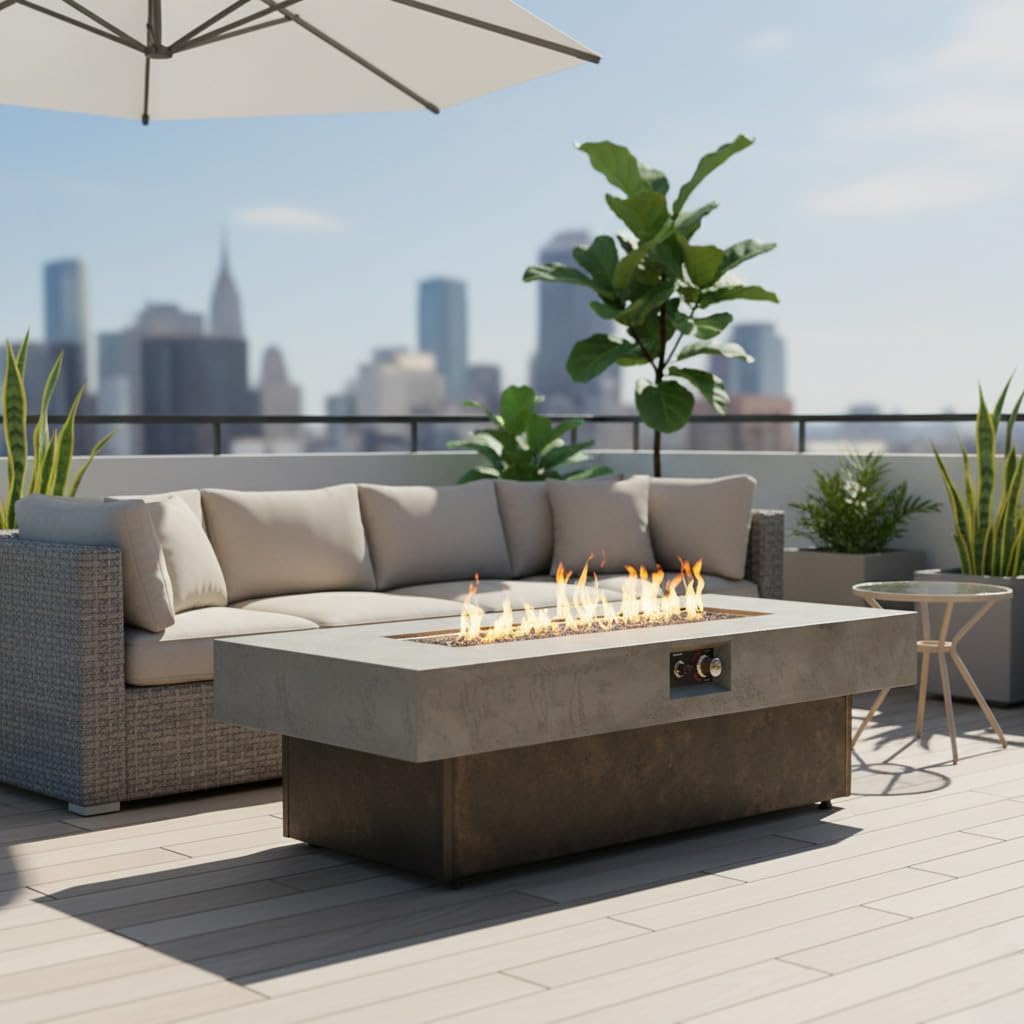 Propane Fire Pit Table, 55 Inch Firepits for Outside, Rectangle Gas Fire Pits for Outside Patio, Deck, Backyard, 50000 BTU, Free Waterproof Cover, Tank Outside, Tank Not Included, Brown+Gray