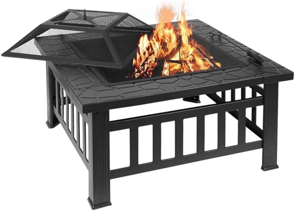 BBQ Grill Outdoor Fire Pits Outdoor Wood Burning 32in Outdoor Fire Pit Metal Square Firepit Wood Burning Backyard Patio Garden Beaches Camping Picnic Bonfire Stove with Cover BBQ Cookin
