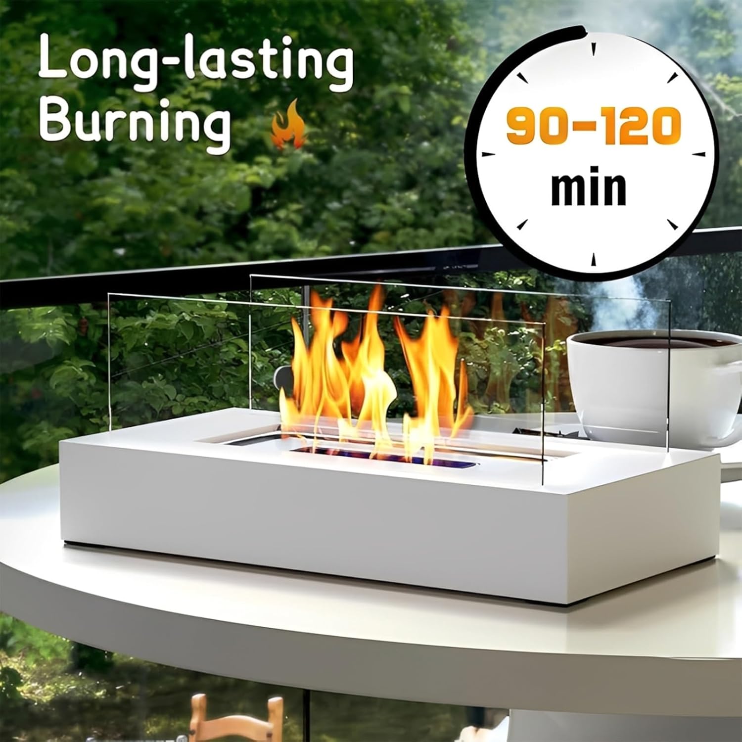 Stainless Steel Rectangular Table Top Fire Pit with Glass Wind Guard, Outdoor Patio Fireplace for Garden Portable Tabletop Fire Pit Indoor(White)