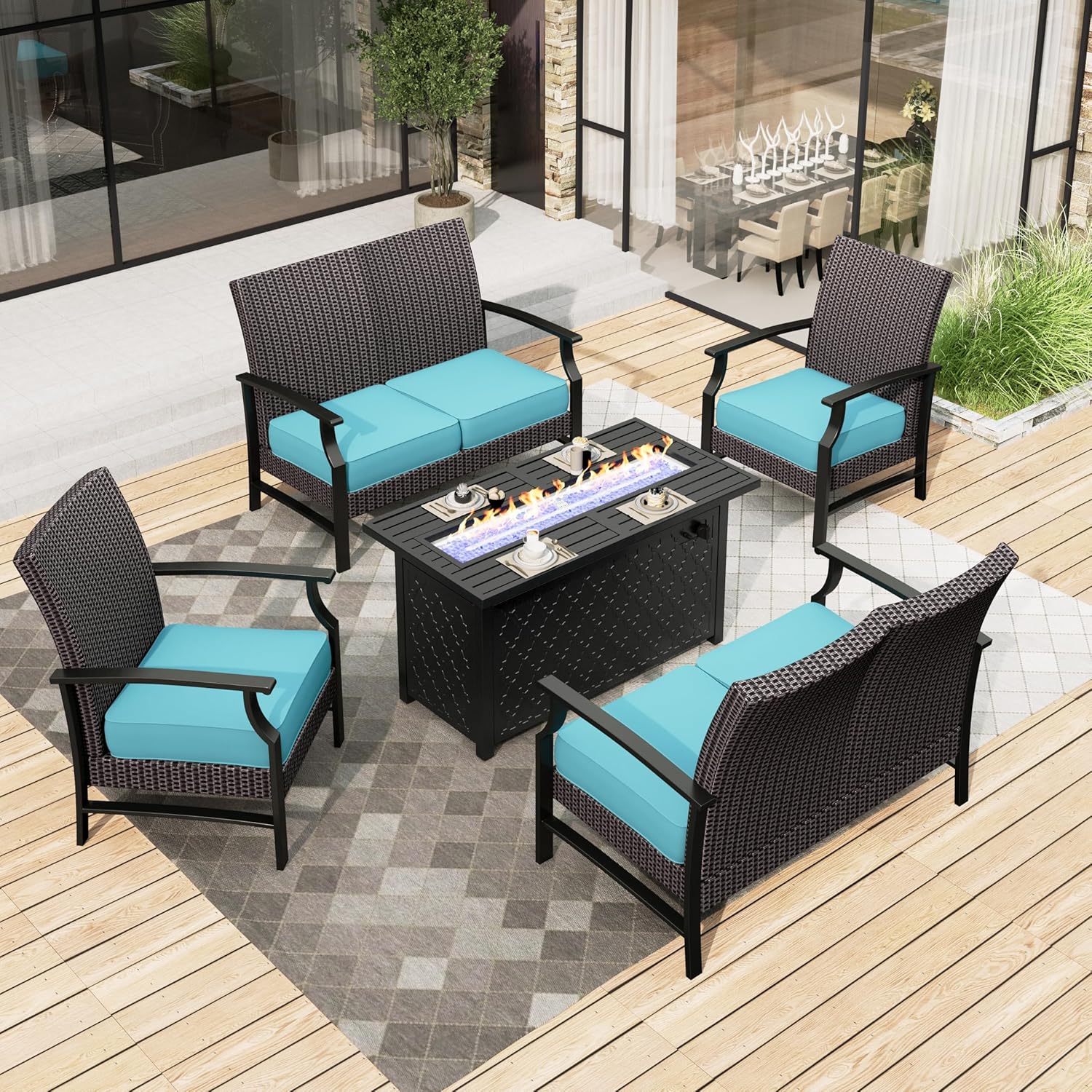 HERA'S HOUSE 5 Pieces Fire Pit Patio Furniture Set, 2 x Wicker Chair, 45