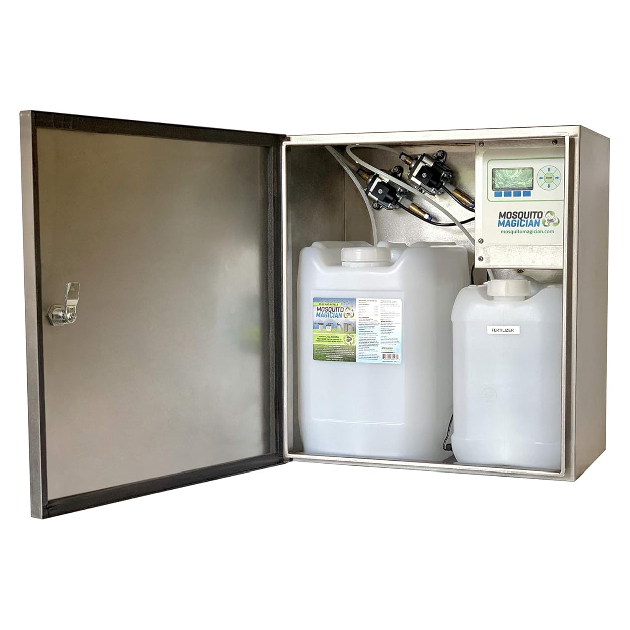 Mosquito Killer Machine Dual Reservoir Stainless Steel - Customizable Coverage, Easy Installation, Automatic Yard Care for Mosquitoes, Fleas, & Fire Ants. Delivers Various Products to Lawn and Plants