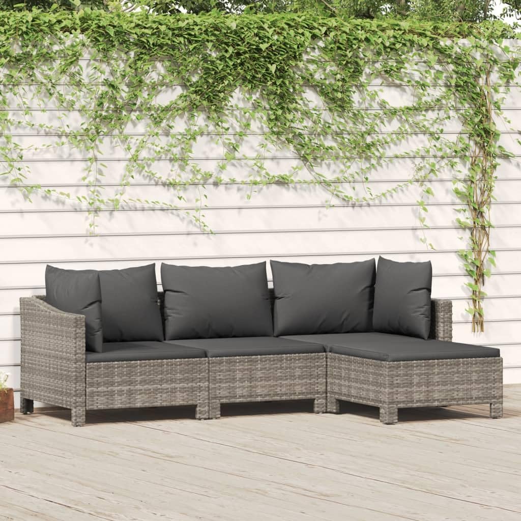 4 Piece Patio Lounge Set with Cushions Gray Poly Rattan Garden Furniture