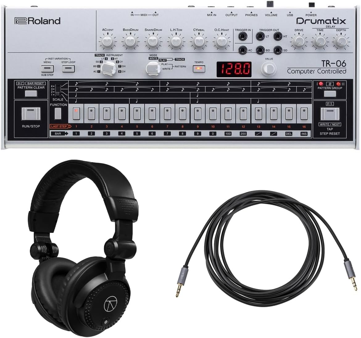Roland TR-06 Drumatix Rhythm Performer, Bundle with TAPH100 Closed-Back Studio Monitor Headphones and 10' Stereo Mini Male to Stereo Mini Male Auxiliary Cable