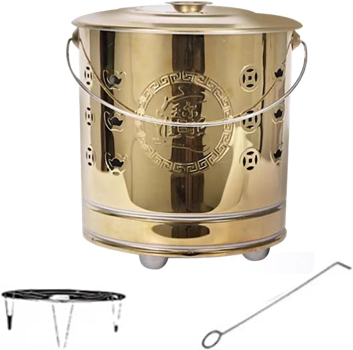 Garden Stainless Steel Outdoor Smokeless Burn Barrels Outside Incinerator Fire Pit for Burning Trash, Burn Cage with Fire Hooks & Handle Bonfire Incineration Barrel for Backyard Leaf Paper Wood.(Gold,