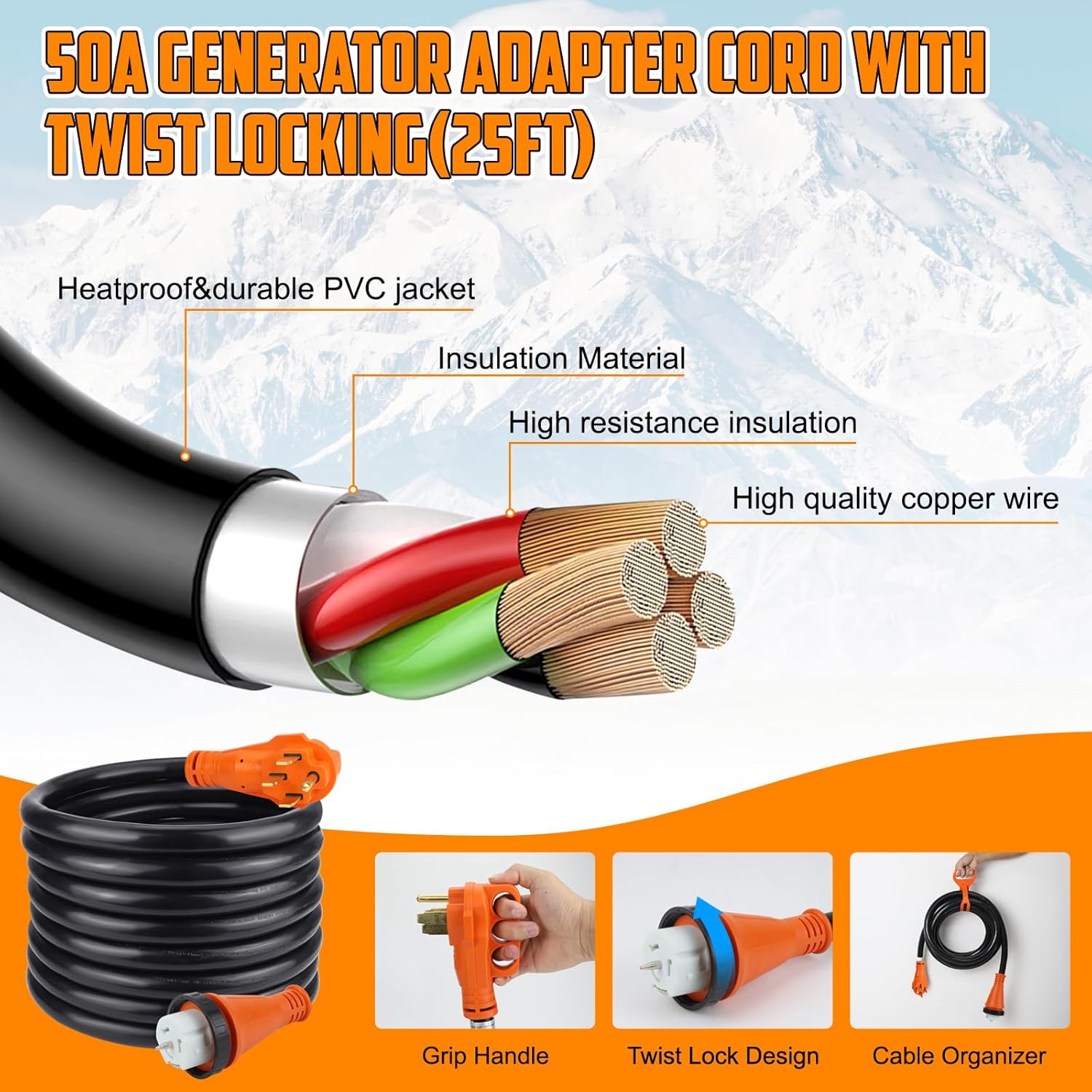 TIPHOPE 50Amp Generator Cord 25FT and Power Inlet Box,125/250V,4 Prong NEMA 14-50P to SS2-50R Generator Cable with NEMA SS2-50P Pre-Drilled Generator Inlet Box for Generator to House,Waterproof