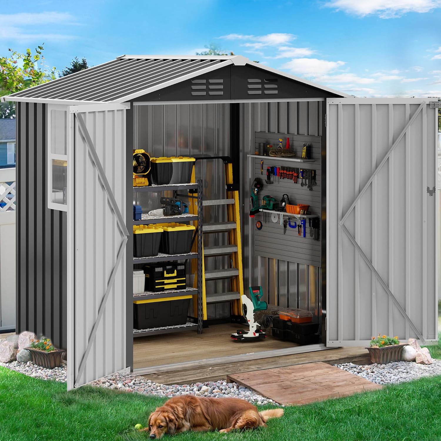 DWVO 6x4ft Outdoor Storage Shed with Window, Metal Lockable Metal Garden Shed with Sloped Roof for Tools, Bikes, Ideal for Backyard, Patio, Garage, Lawn (Gray + White)