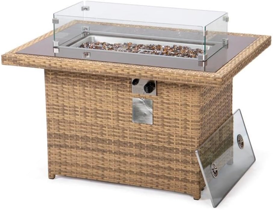 LeisureMod 44-Inch Propane Fire Pit Table, 50,000 BTU Auto-Ignition Gas Fire Pit with Lid, Tempered Glass Wind Guard & Decorative Stones, Light Brown