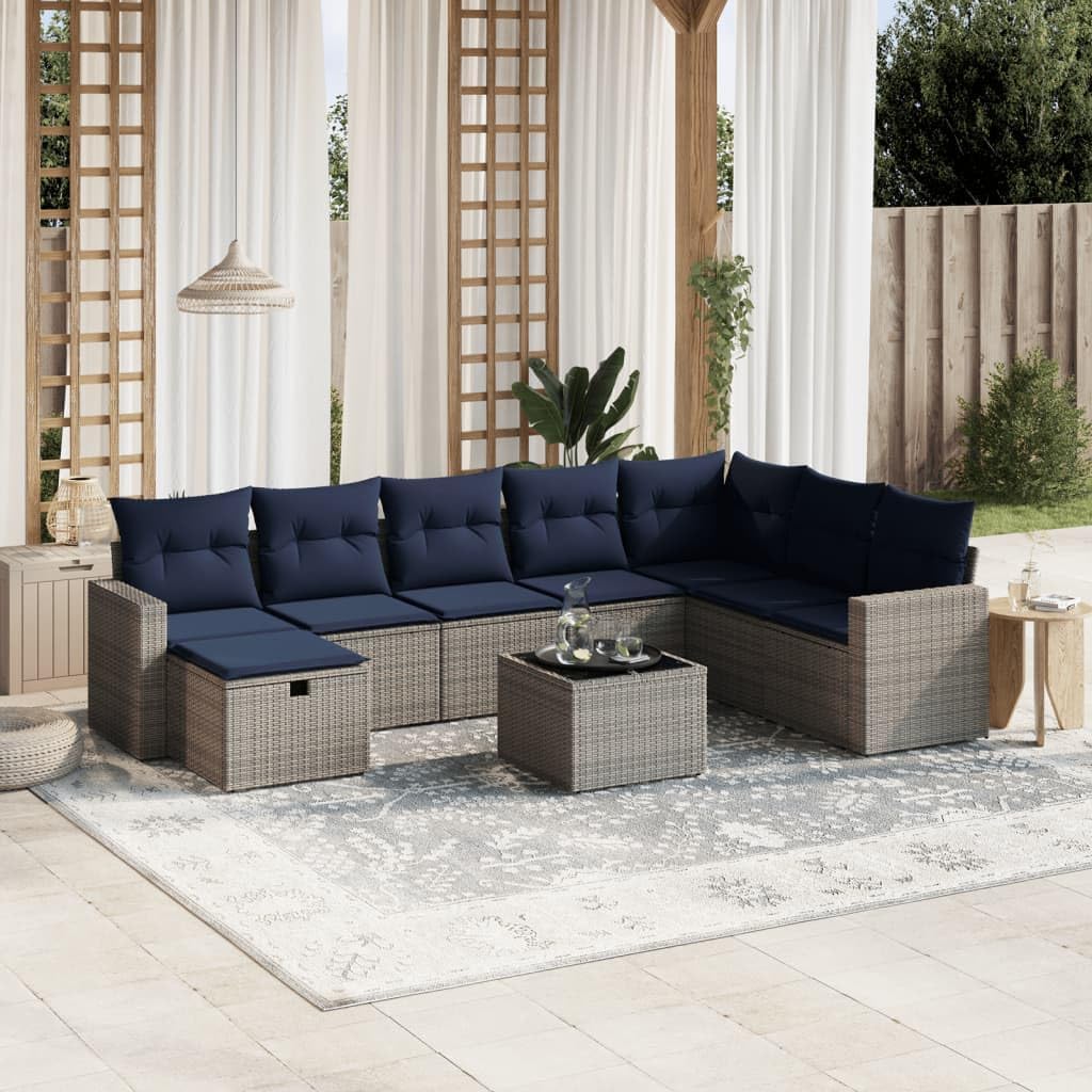 9 Piece Patio Sofa Set with Cushions, Gray Poly Rattan Outdoor Furniture, Tempered Glass Table, Modular Design for Backyard, Terrace, Garden
