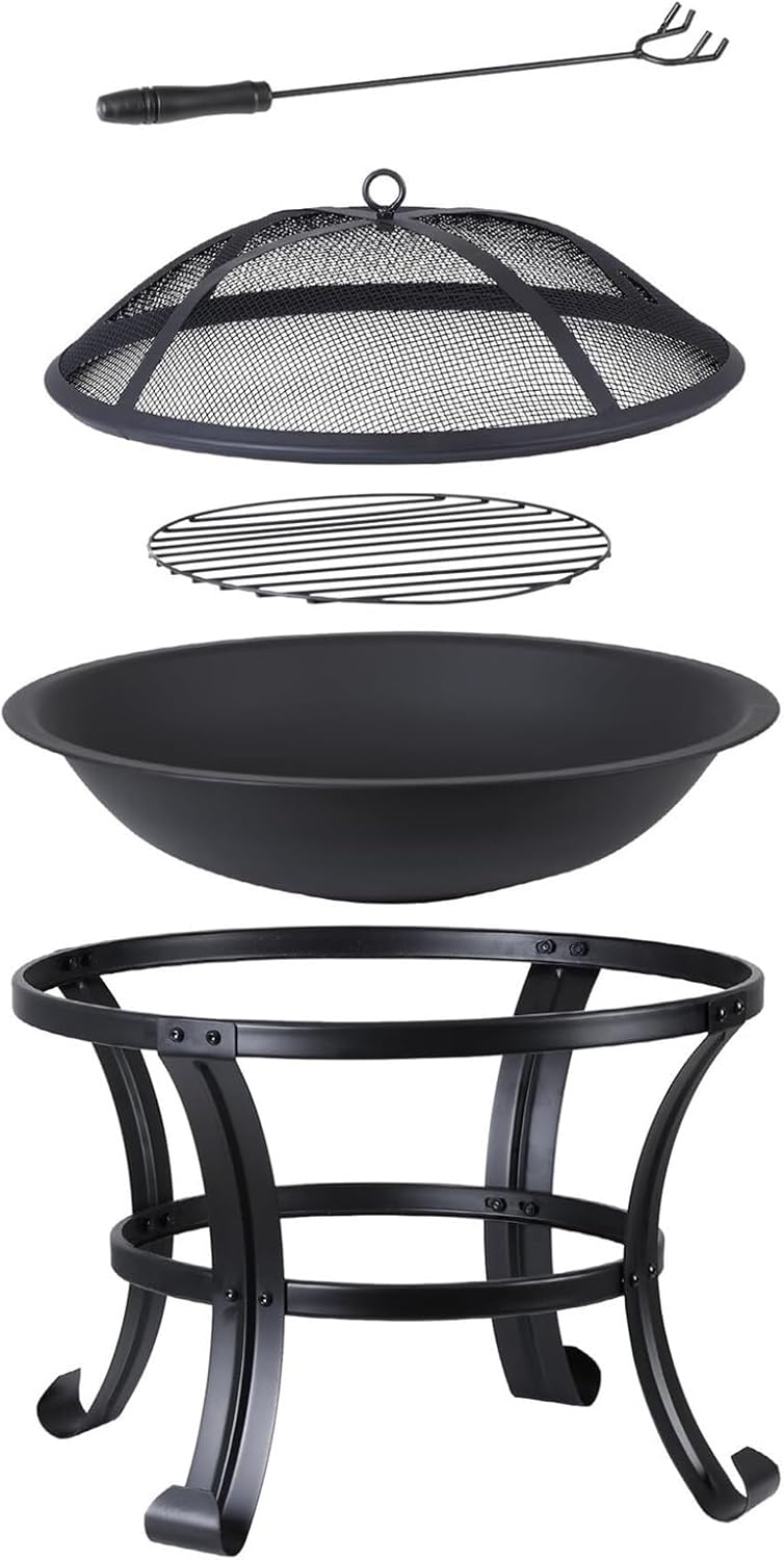 22 Inch Outdoor Fire Pit Steel Wood Burning Firepit with Mesh Screen, Fire Poker & Log Grate for Patio, Camping and Backyard BBQ
